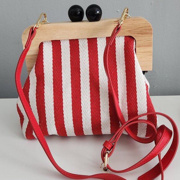 Red and White Striped Clutch Handbag with Removeable Shoulder Strap - Picture 2 of 7